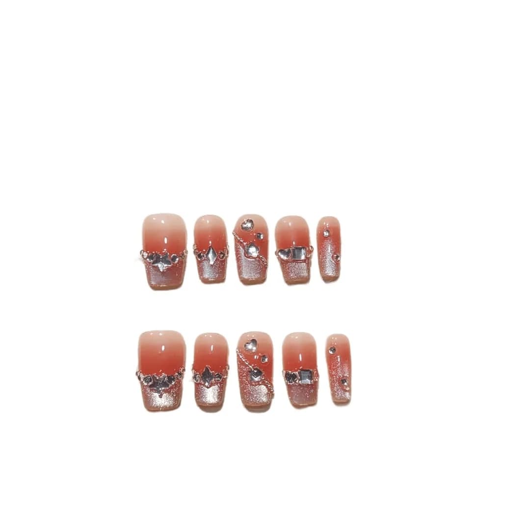 Unghie Finte Corte Quadrate French Tip Blush Occhio di Gatto con Strass