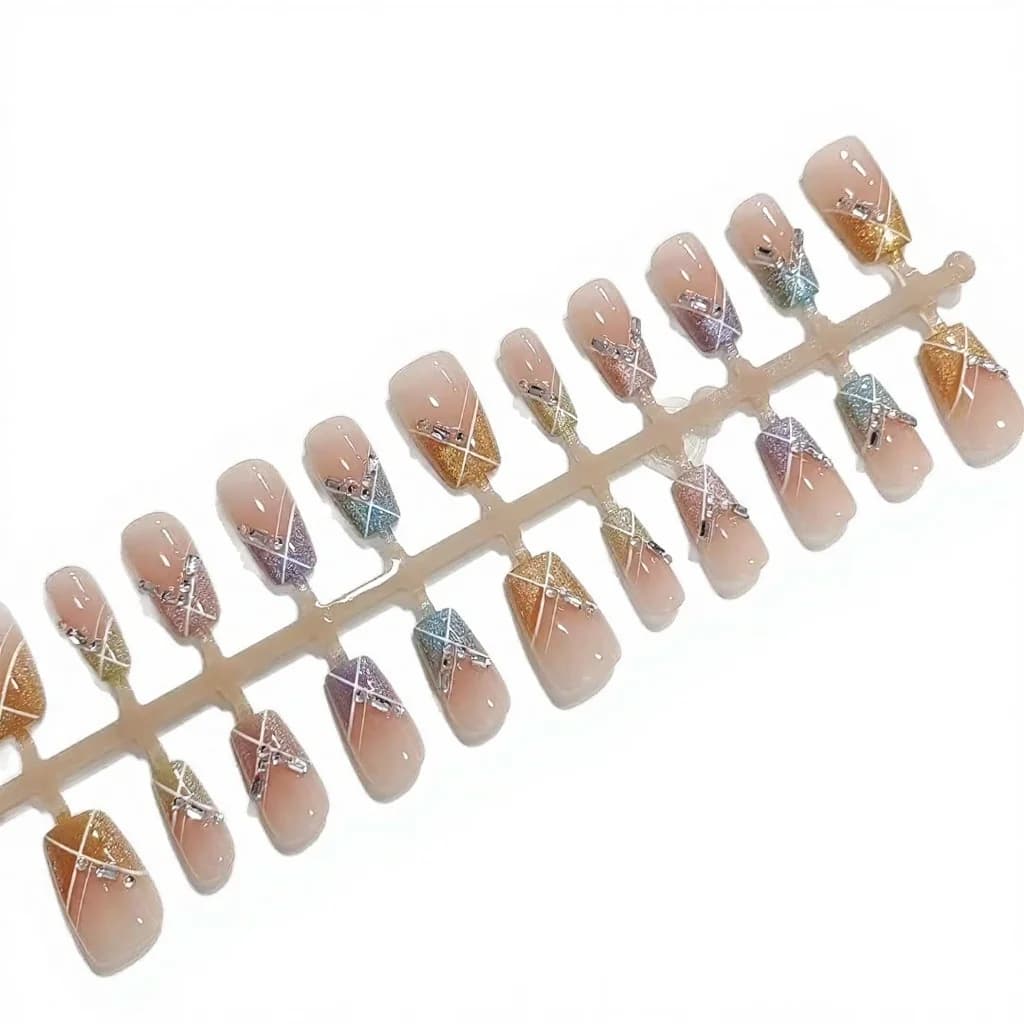 Unghie Finte Candy Party Corte Quadrate Occhio di Gatto Arcobaleno con Strass