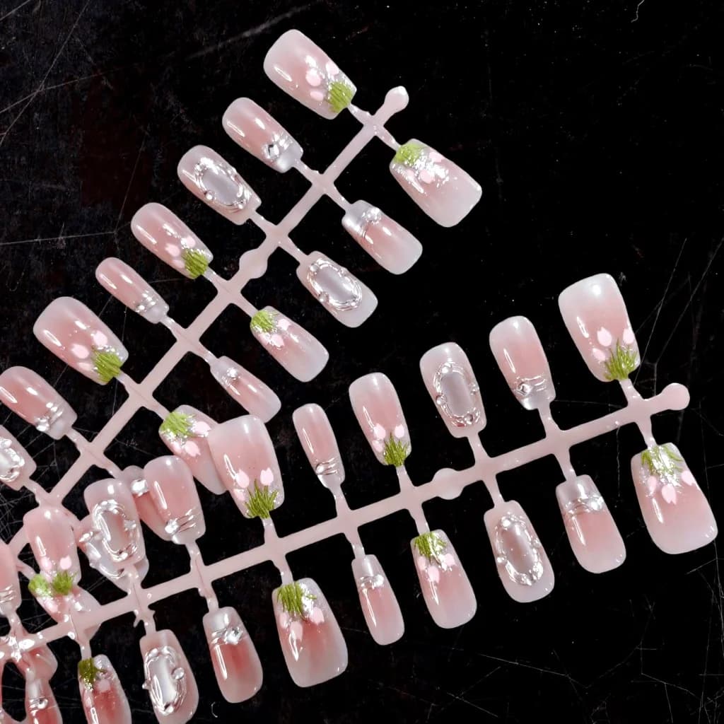 Unghie Finte Floreali con Tulipani, Design Rosa Glitter, 30 Pezzi