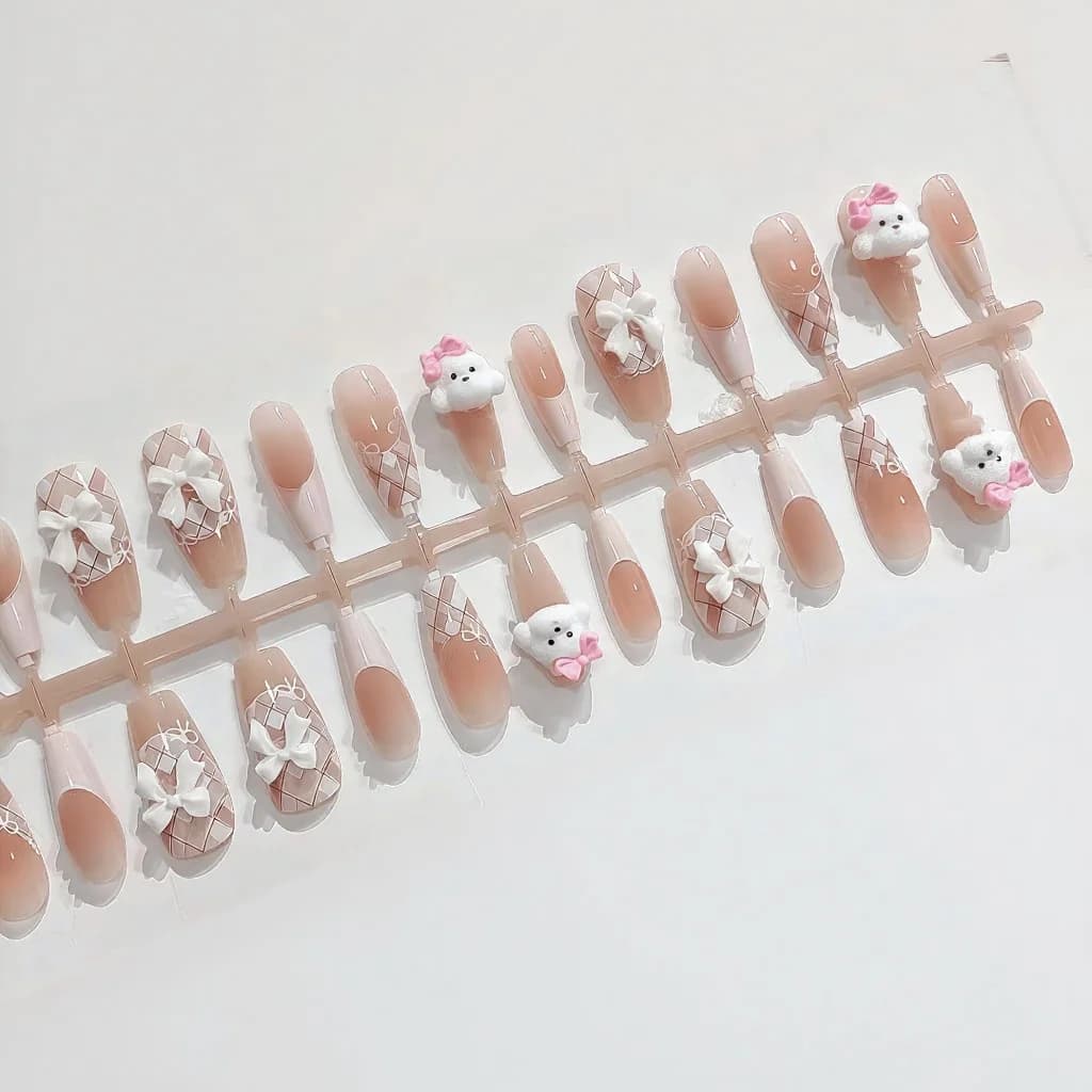 Unghie Finte Orsetto, Design French Tip Carino, 30 Pezzi