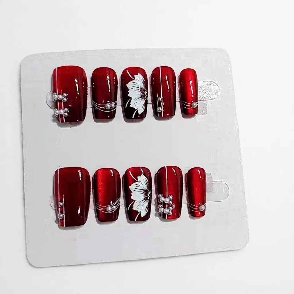 Unghie Finte Rosse Floreali Forma Coffin Media Finitura Glitter, 10 Pezzi