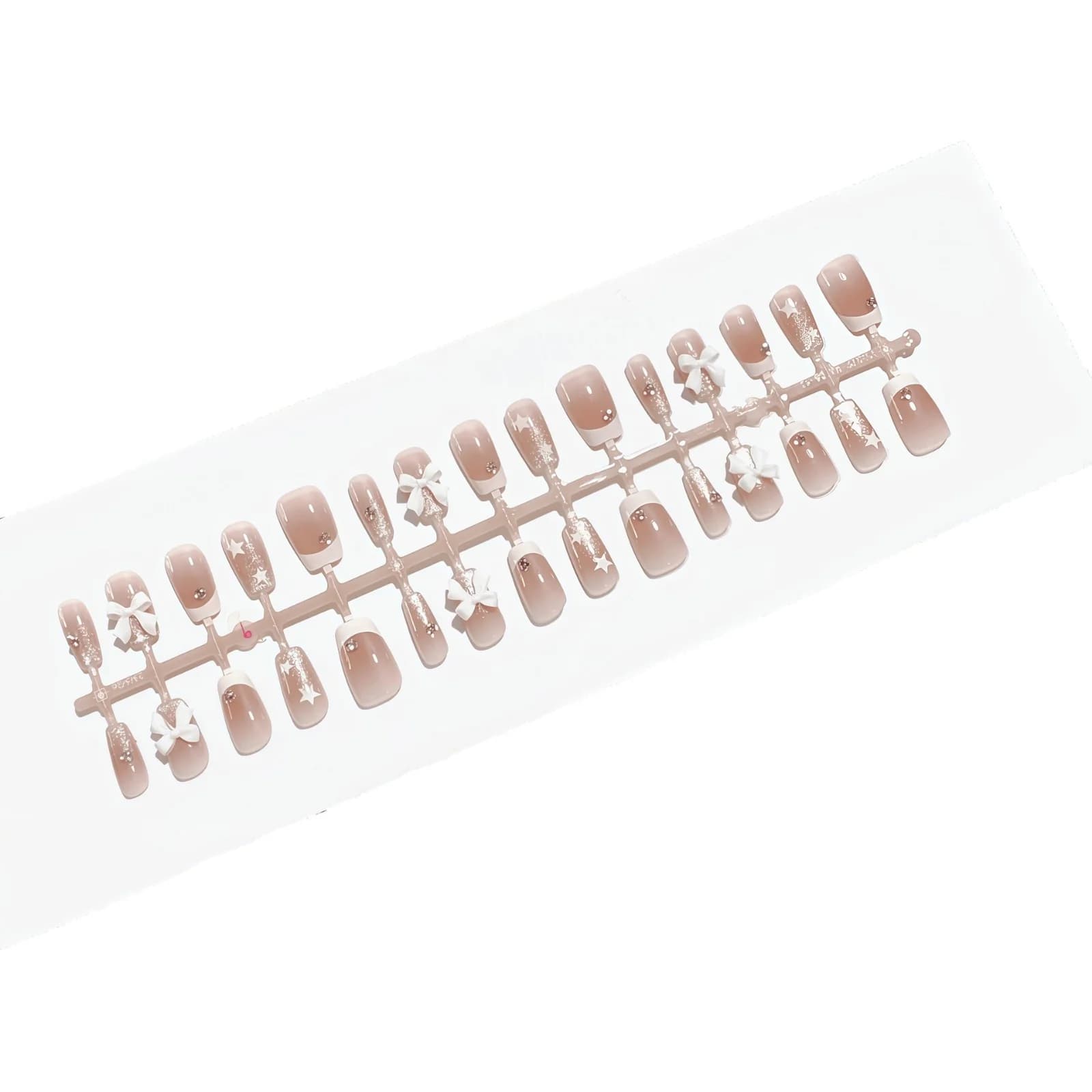 Unghie Finte French Tip con Strass e Fiocco, Forma Quadrata Corta