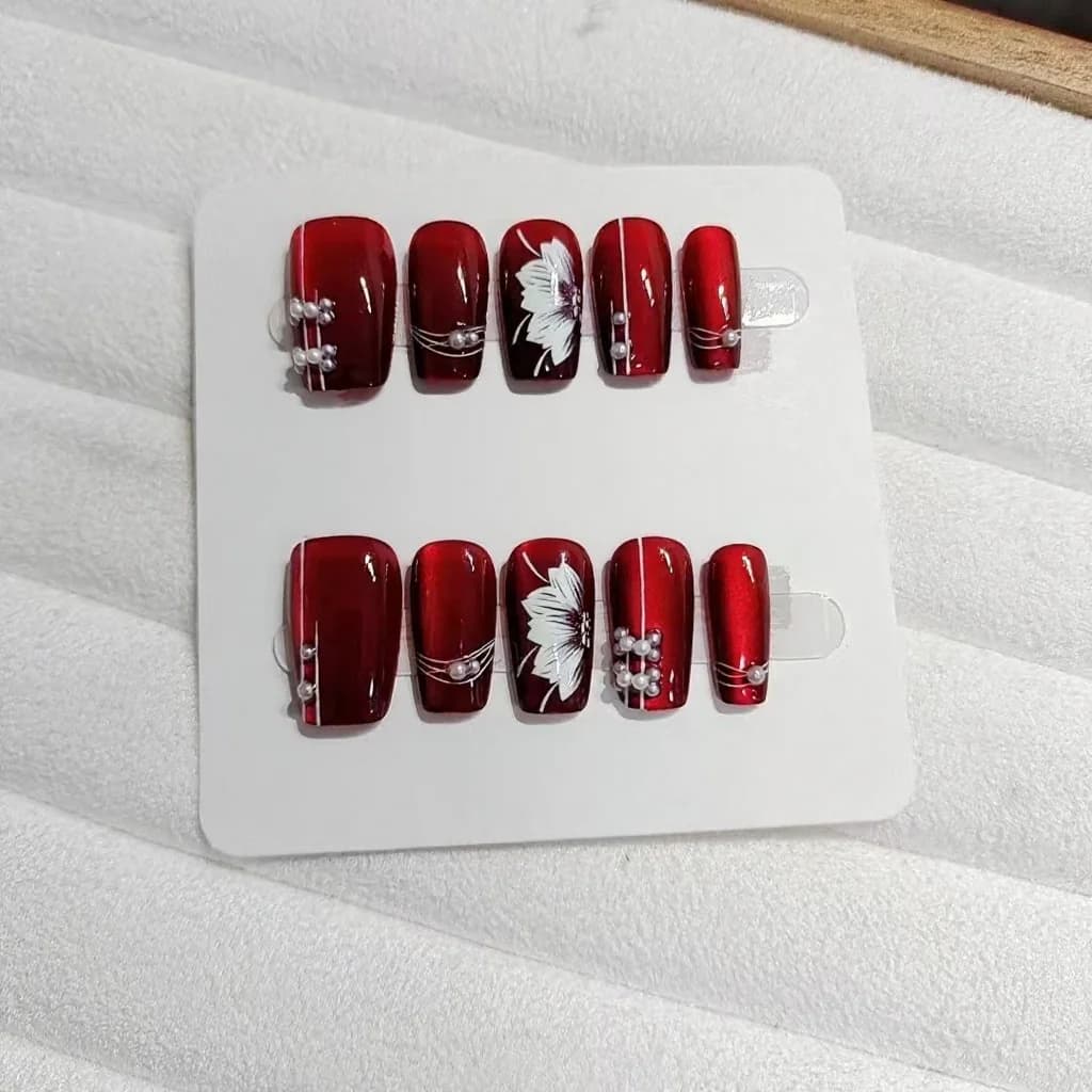 Unghie Finte Rosse Floreali Forma Coffin Media Finitura Glitter, 10 Pezzi