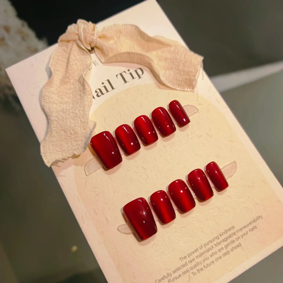 Set Manicure Unghie Finte Cat Eye Rosse Corte Quadrate Glitter