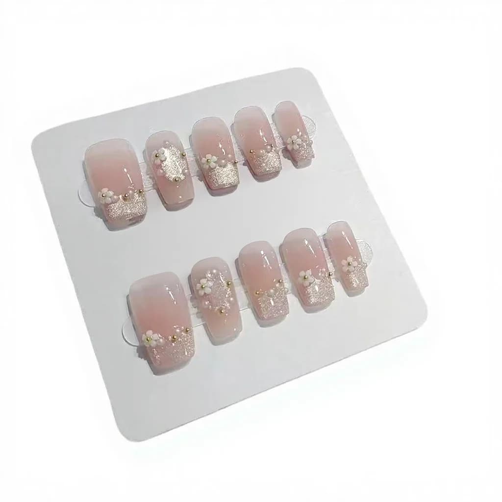 Unghie Finte Corte a Bara con Design Floreale e Strass, 10 Pezzi