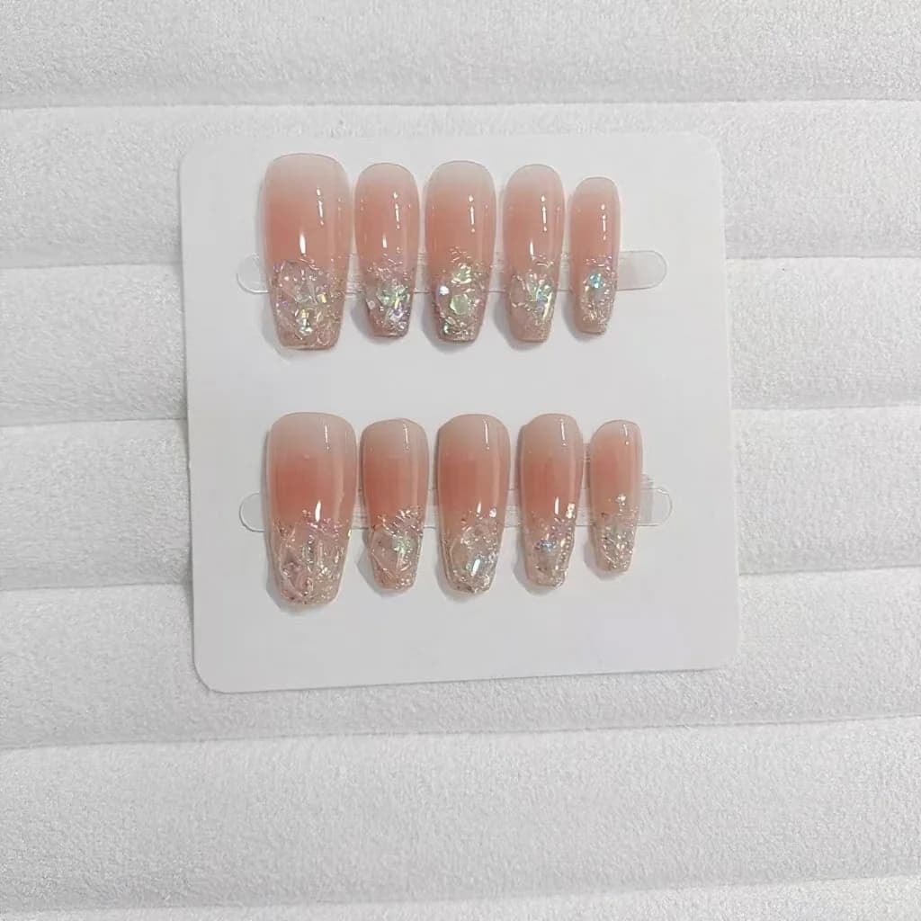 Set Unghie Finte Coffin Corte/Medie Glitter Strass Rosa Cipria