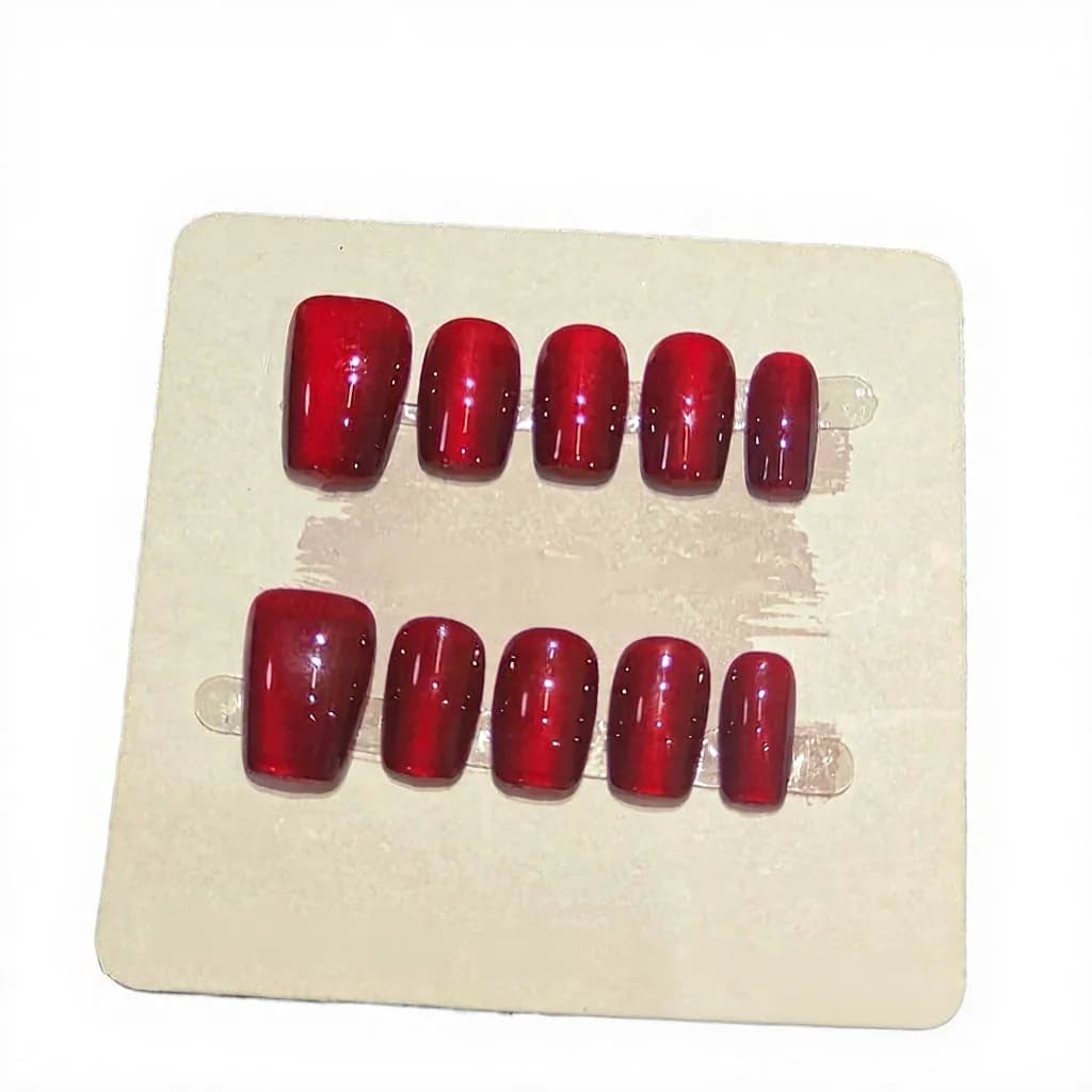 Set Manicure Unghie Finte Cat Eye Rosse Corte Quadrate Glitter