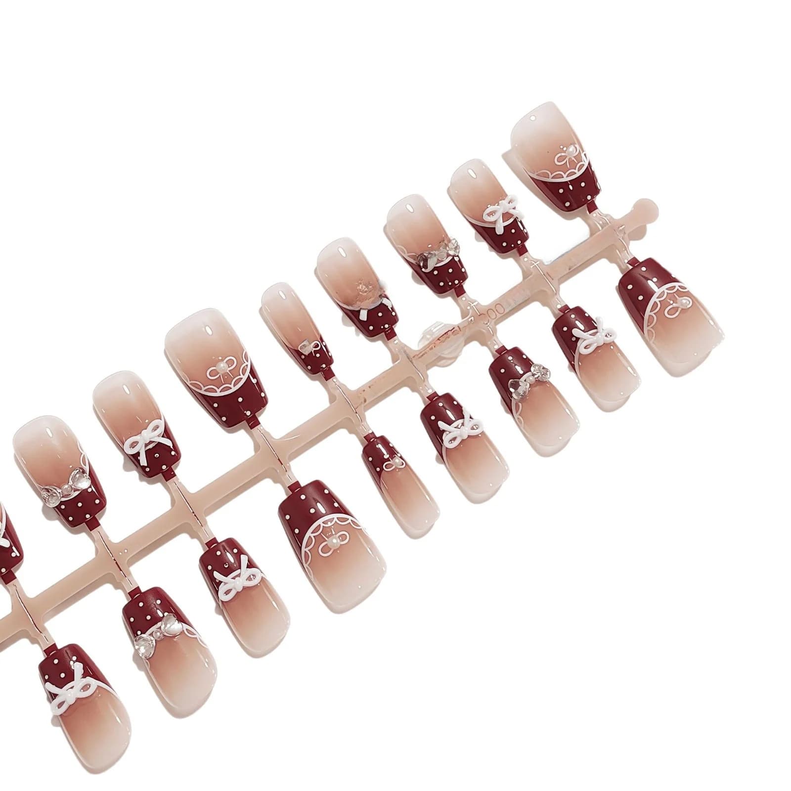 Unghie Finte con Design Gonna da Ballo, Fiocco Rosso e Pois