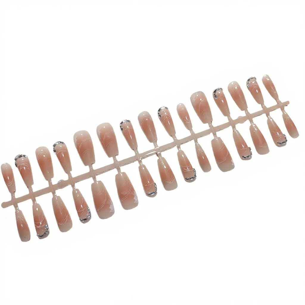 Unghie Finte Floreali con Strass, Design Lungo Sfumato Rosa Cipria
