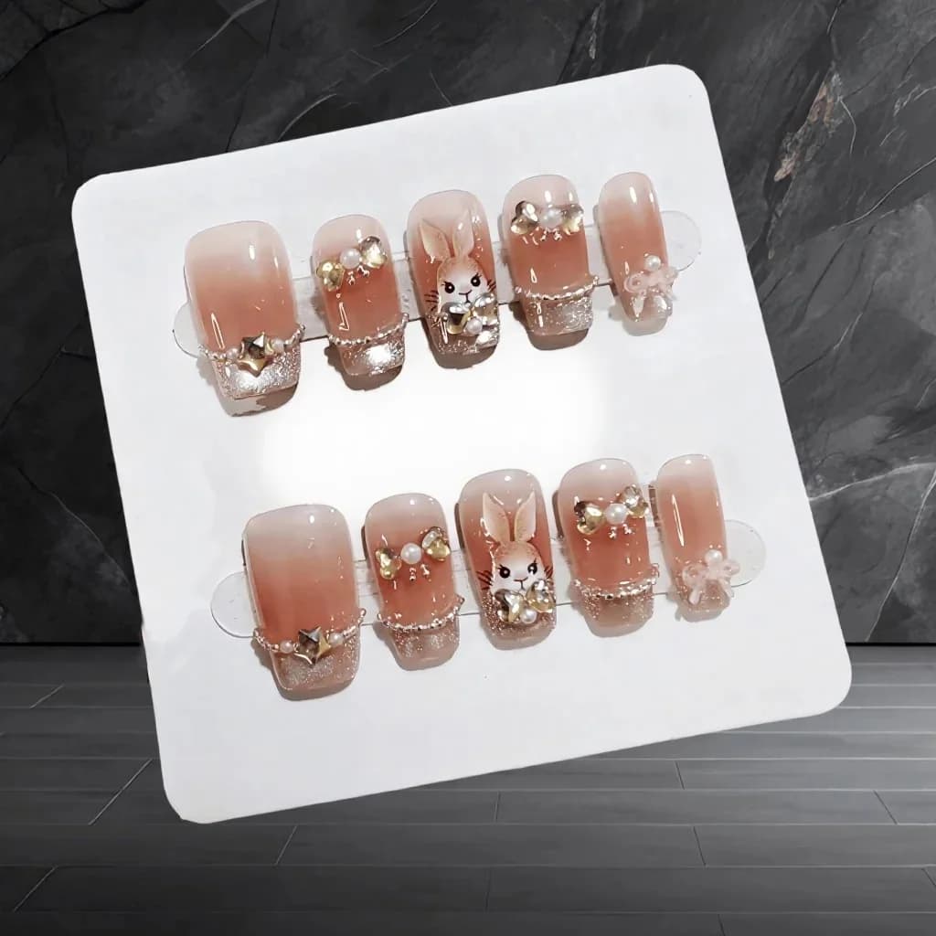 Unghie Finte Occhio di Gatto con Glitter, Design Coniglio con Gemme, Forma Coffin Corta