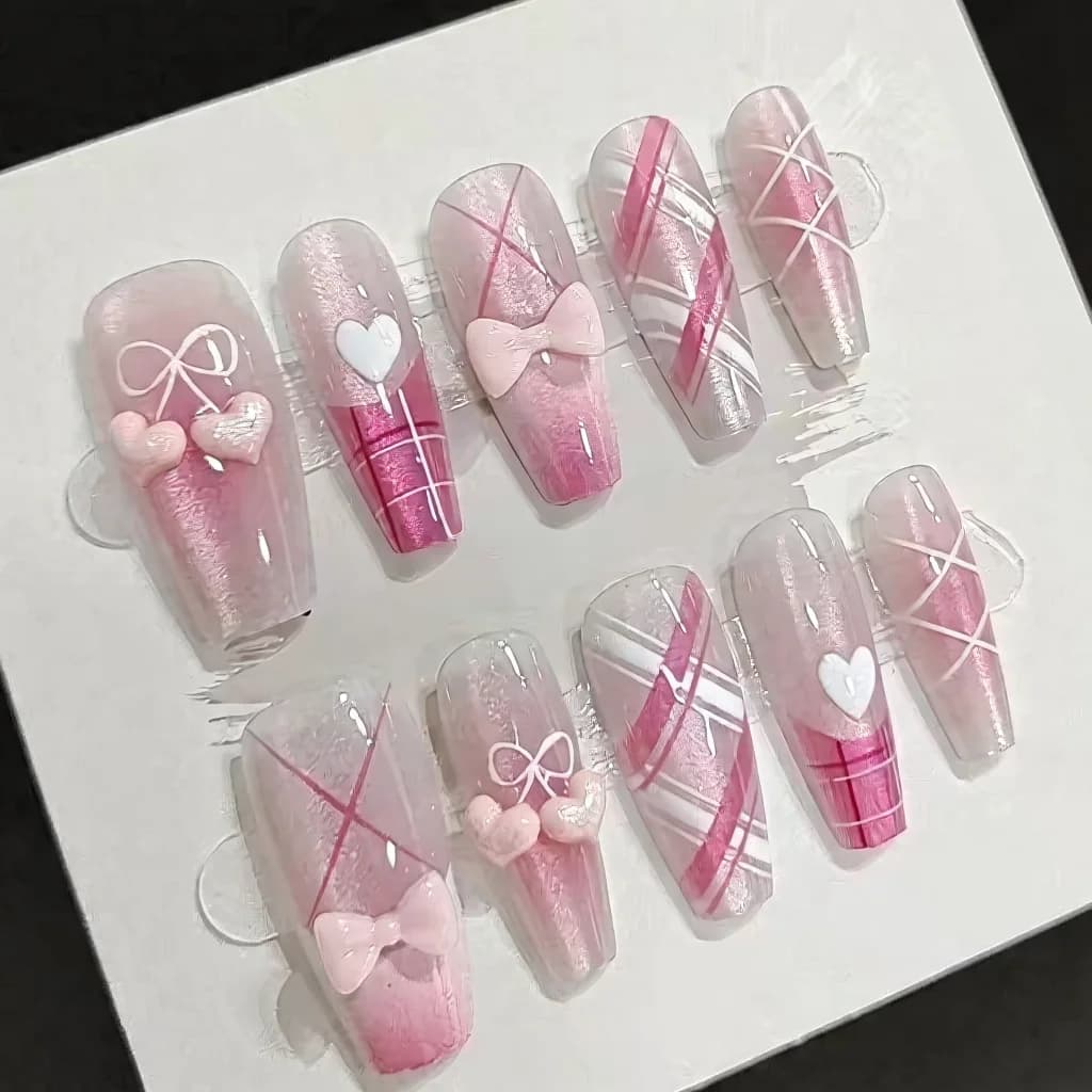 Unghie Finte Rosa Dolce con Fiocchi e Cuori, 30 Pezzi