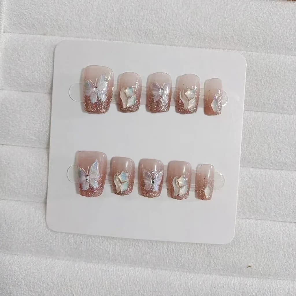 Unghie Finte Farfalla con Strass, Forma Corta a Bara, 10 Pz