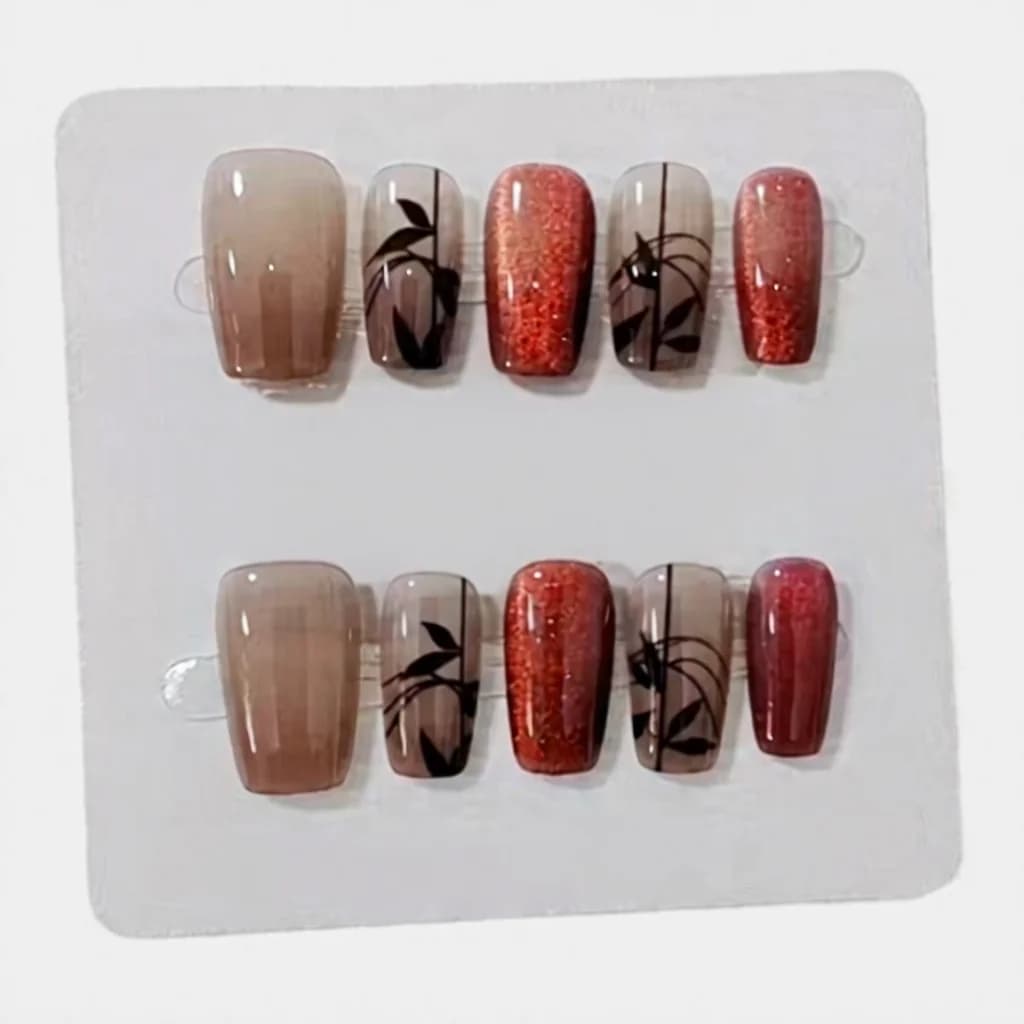Unghie Finte Cat Eye Bambù Rosse, Corte Quadrate con Glitter