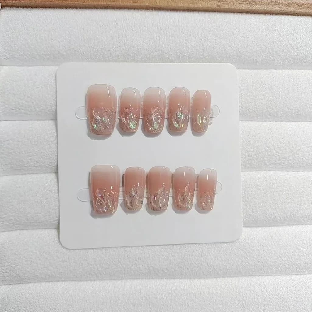 Set Unghie Finte Coffin Corte/Medie Glitter Strass Rosa Cipria
