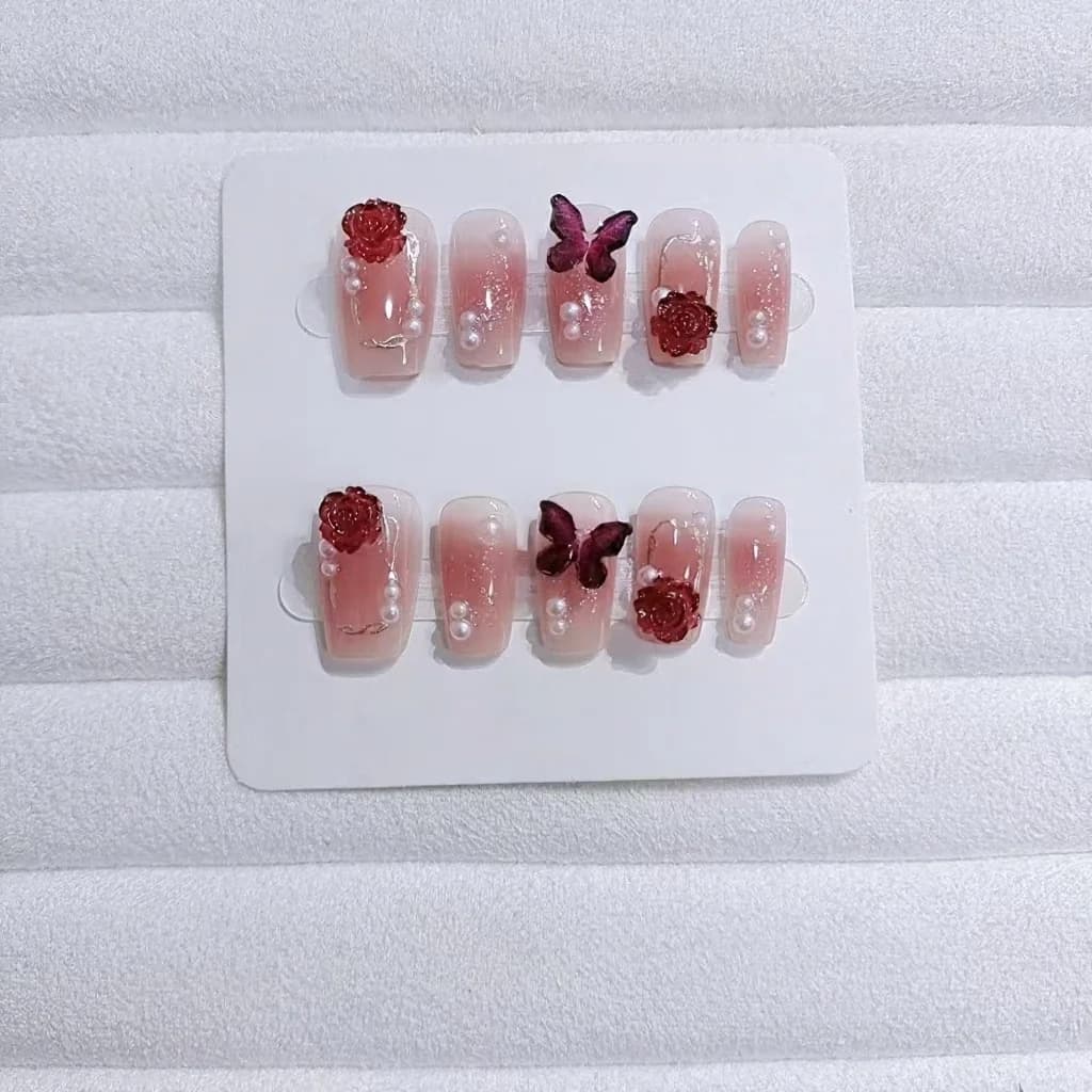 Unghie Finte Corte a Barella Gradiente Prugna e Rosa con Fiori, 10 Pezzi