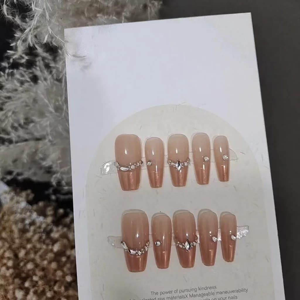 Unghie Finte Adesive French Tip con Strass, 10 Pezzi
