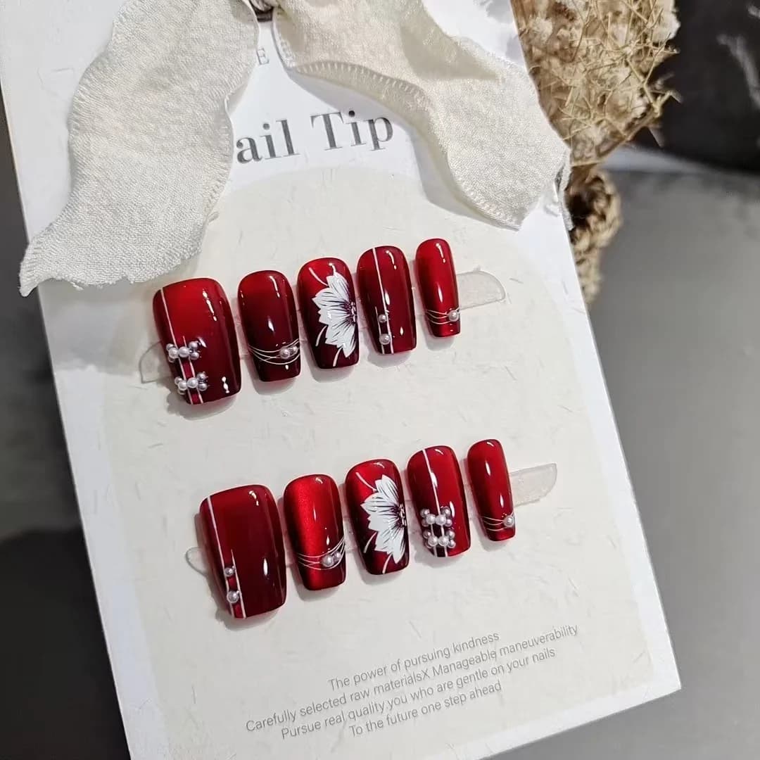 Unghie Finte Rosse Floreali Forma Coffin Media Finitura Glitter, 10 Pezzi