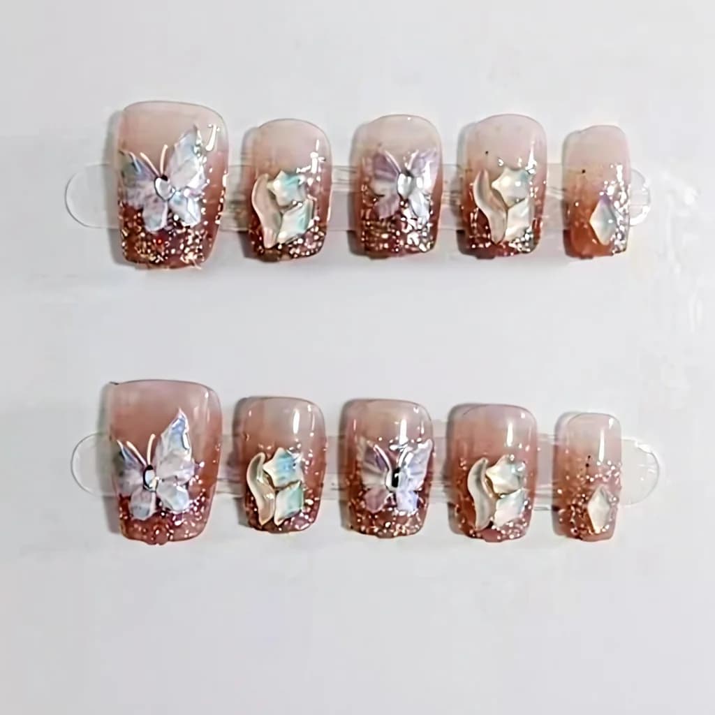 Unghie Finte Farfalla con Strass, Forma Corta a Bara, 10 Pz