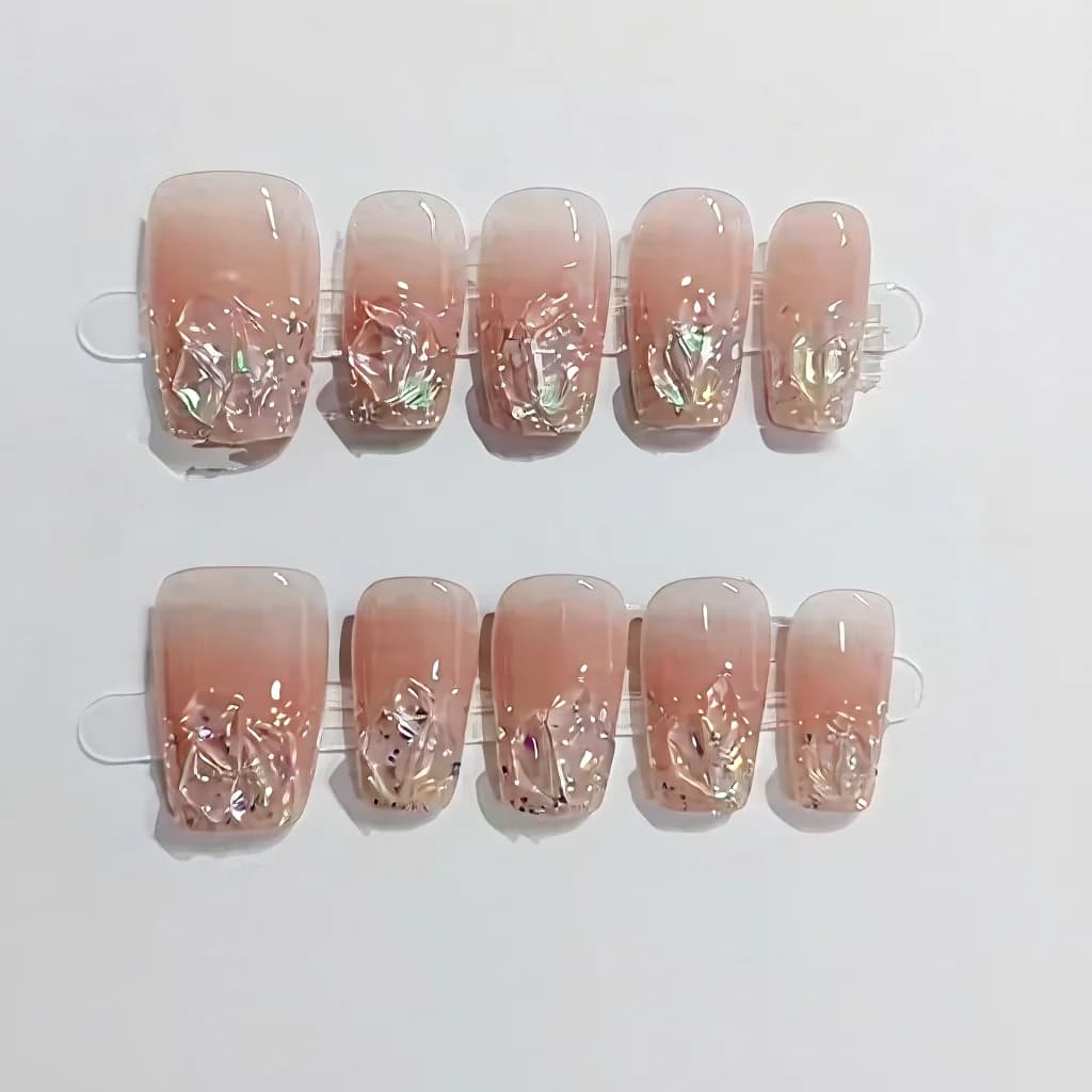 Set Unghie Finte Coffin Corte/Medie Glitter Strass Rosa Cipria