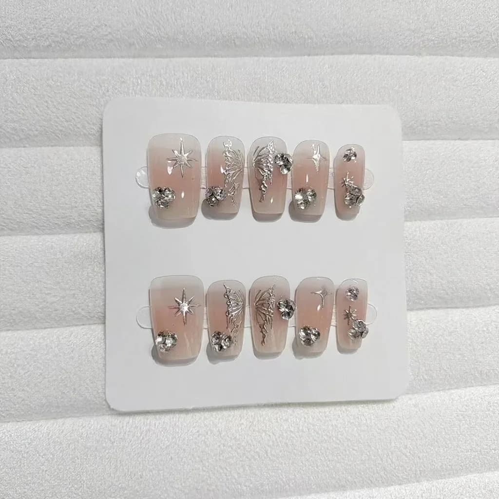 Unghie Finte Ala di Farfalla, Forma Corta a Bara, Glitter Argento