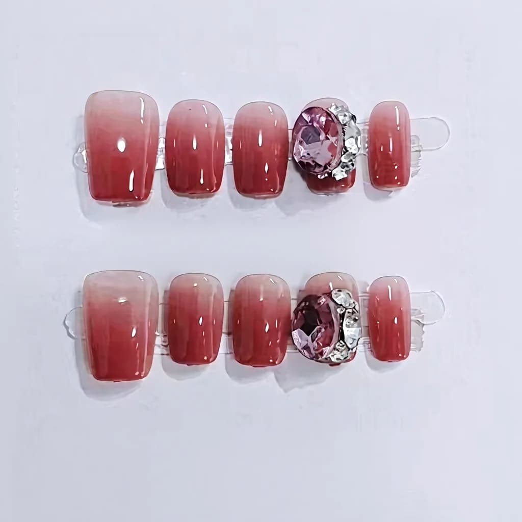 Unghie Finte Gradient Foresta di Rose con Strass Grandi, Forma Corta Coffin