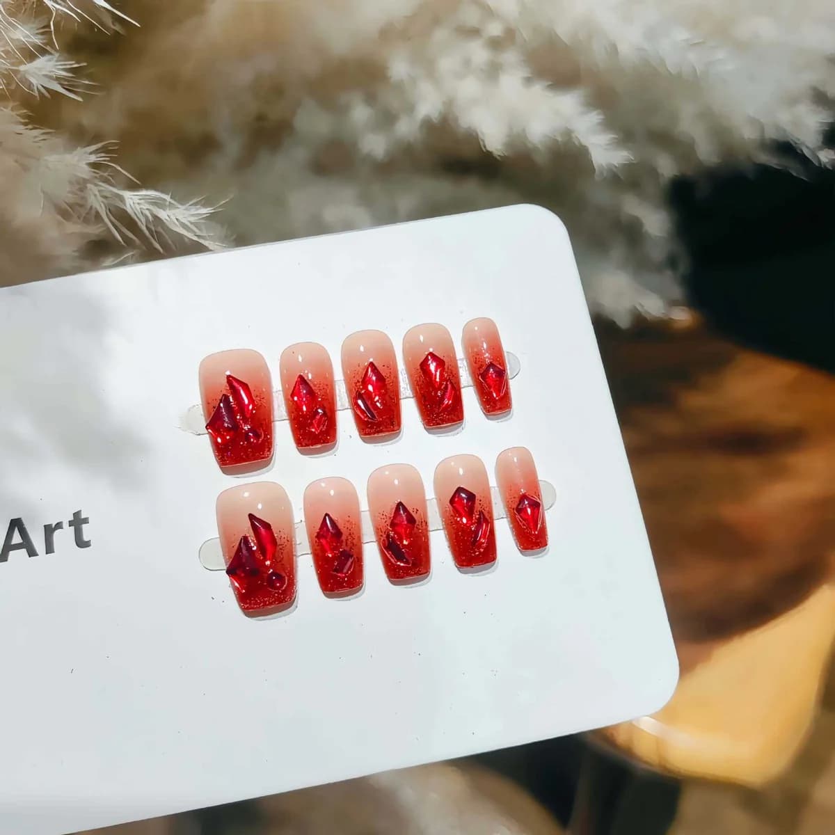 Unghie Finte Glitter Rosso Sfumato, Forma Coffin Corta