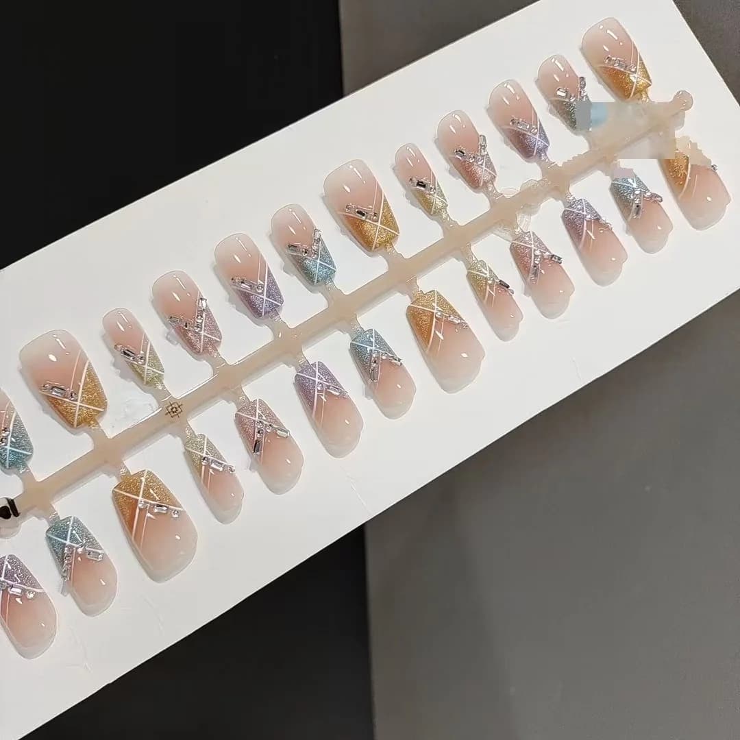 Unghie Finte Candy Party Corte Quadrate Occhio di Gatto Arcobaleno con Strass