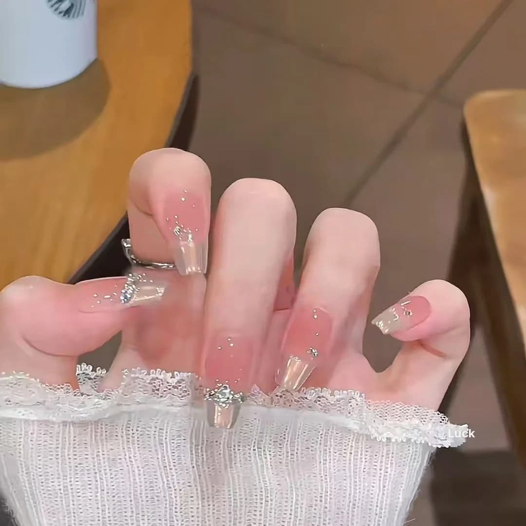 Unghie Finte Adesive French Tip con Strass, 10 Pezzi