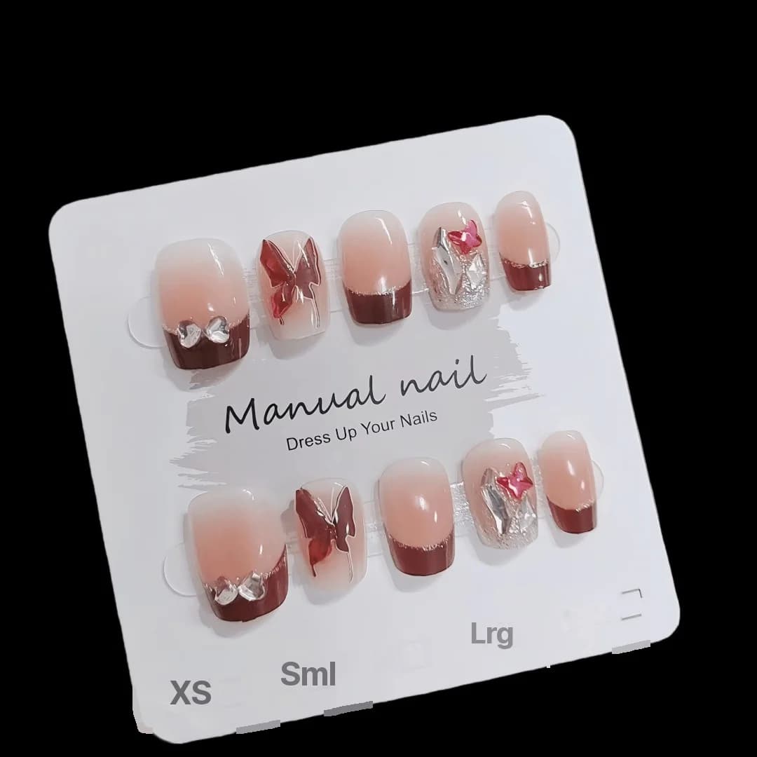 Unghie Finte Red French Tip con Dettagli Farfalla e Glitter