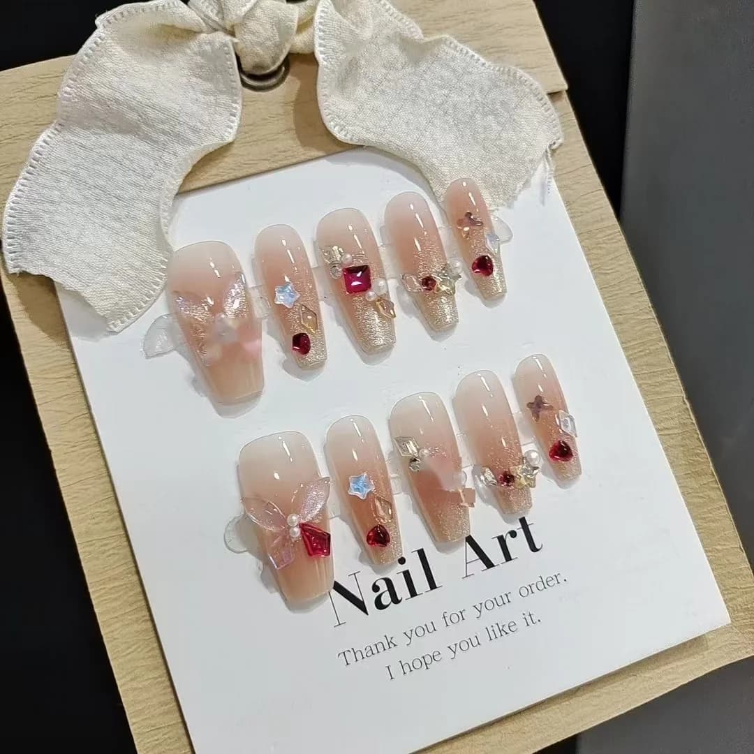 Unghie Finte con Farfalle e Strass Multicolore, 30 Pezzi, Forma Coffin Media