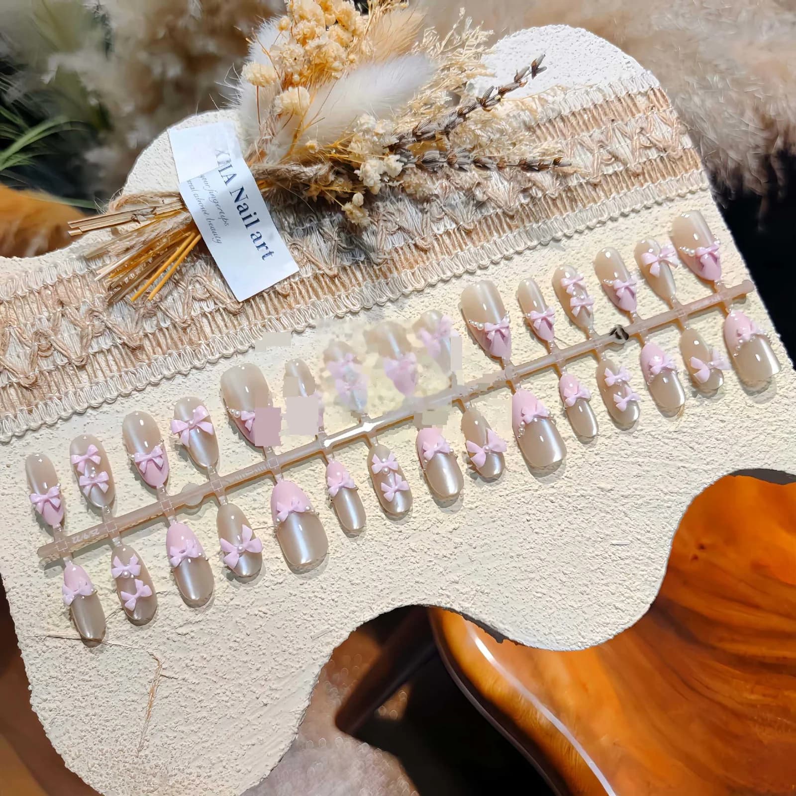 Unghie Finte Rosa Farfalla con Glitter Occhio di Gatto e Fiocco