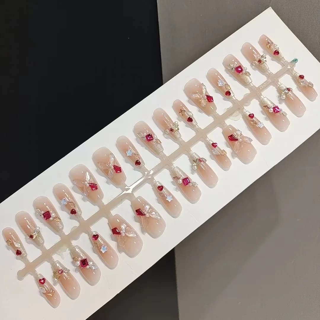 Unghie Finte con Farfalle e Strass Multicolore, 30 Pezzi, Forma Coffin Media