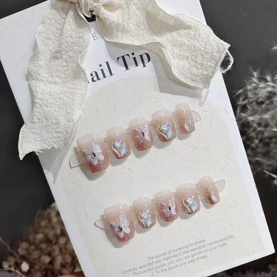Unghie Finte Farfalla con Strass, Forma Corta a Bara, 10 Pz