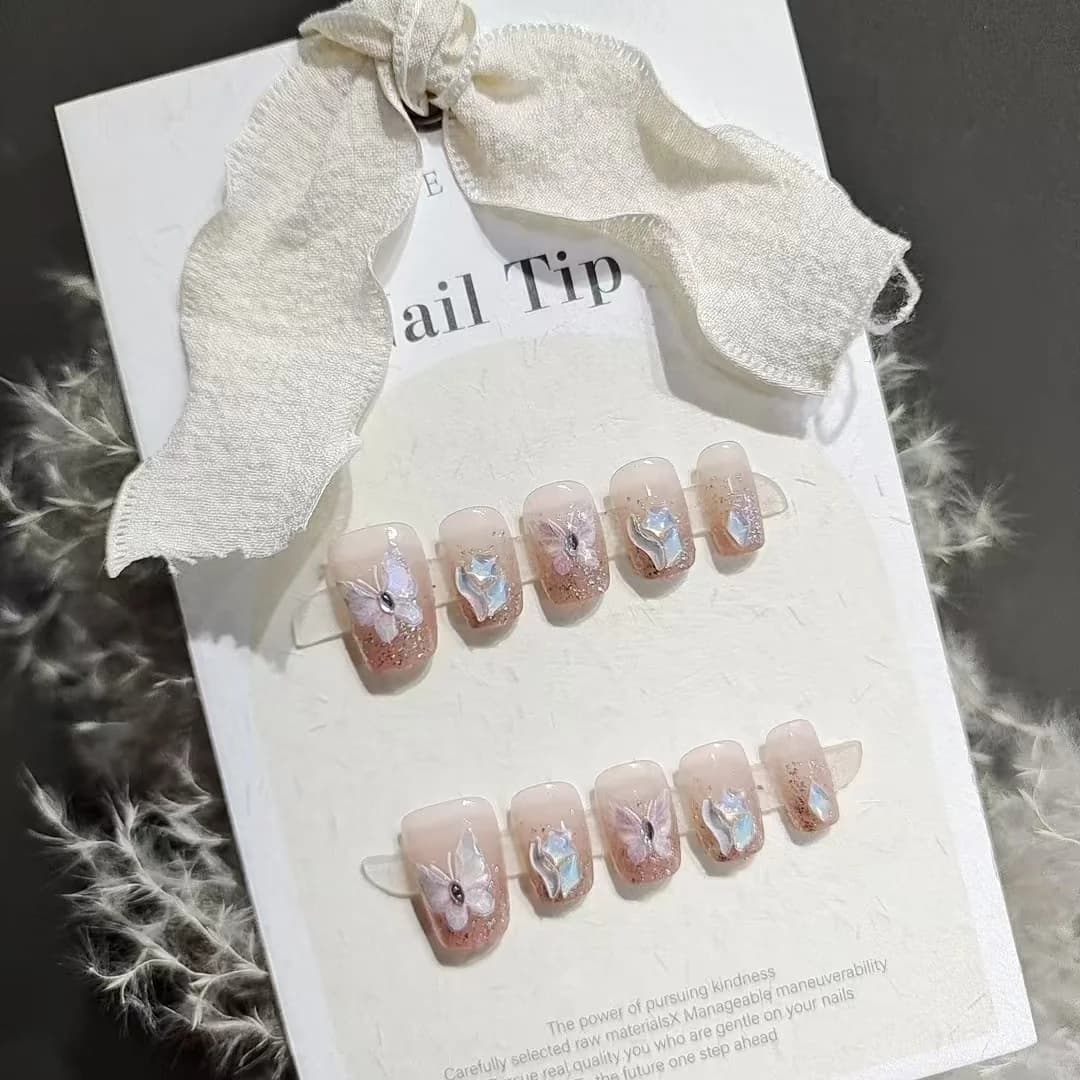 Unghie Finte Farfalla con Strass, Forma Corta a Bara, 10 Pz