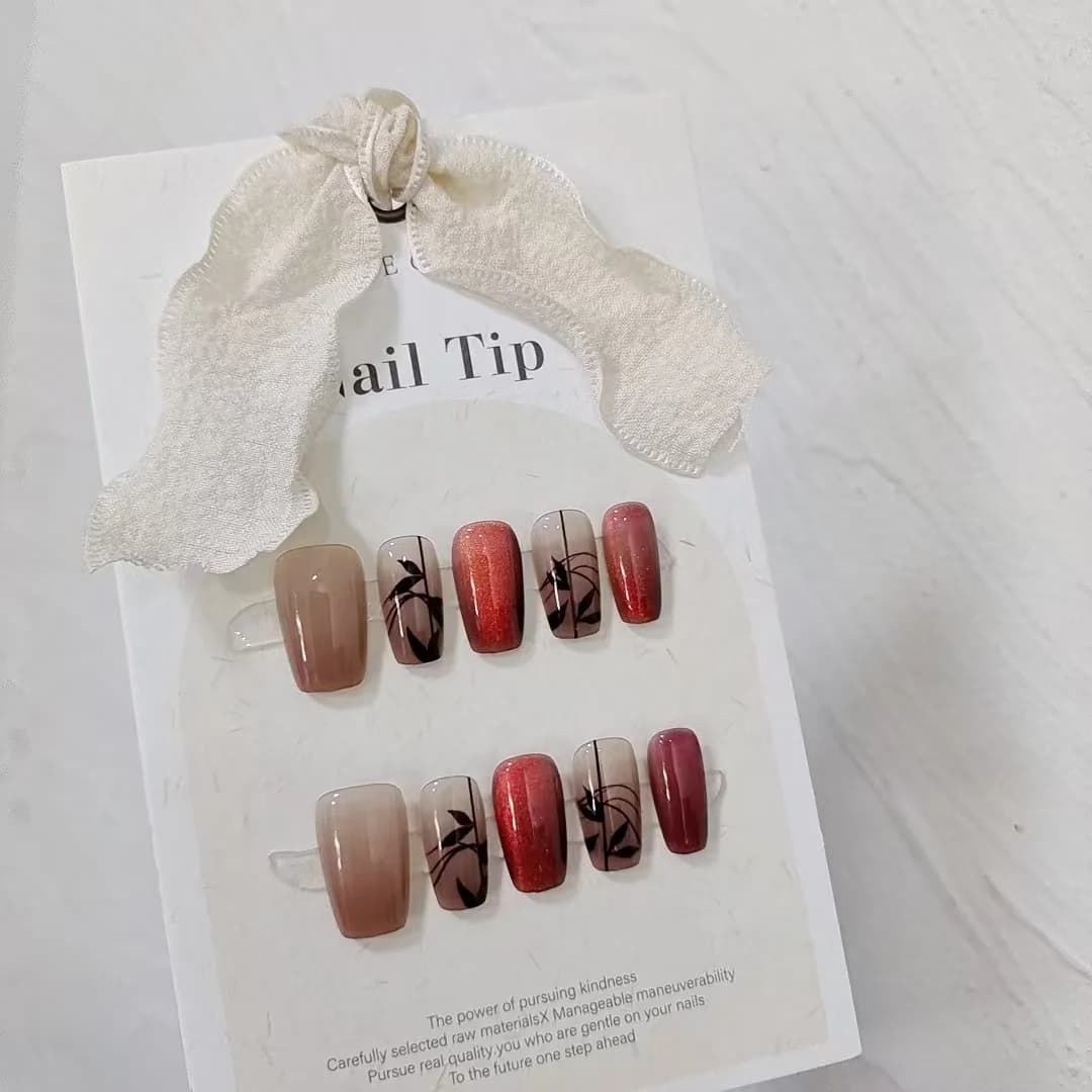 Unghie Finte Cat Eye Bambù Rosse, Corte Quadrate con Glitter